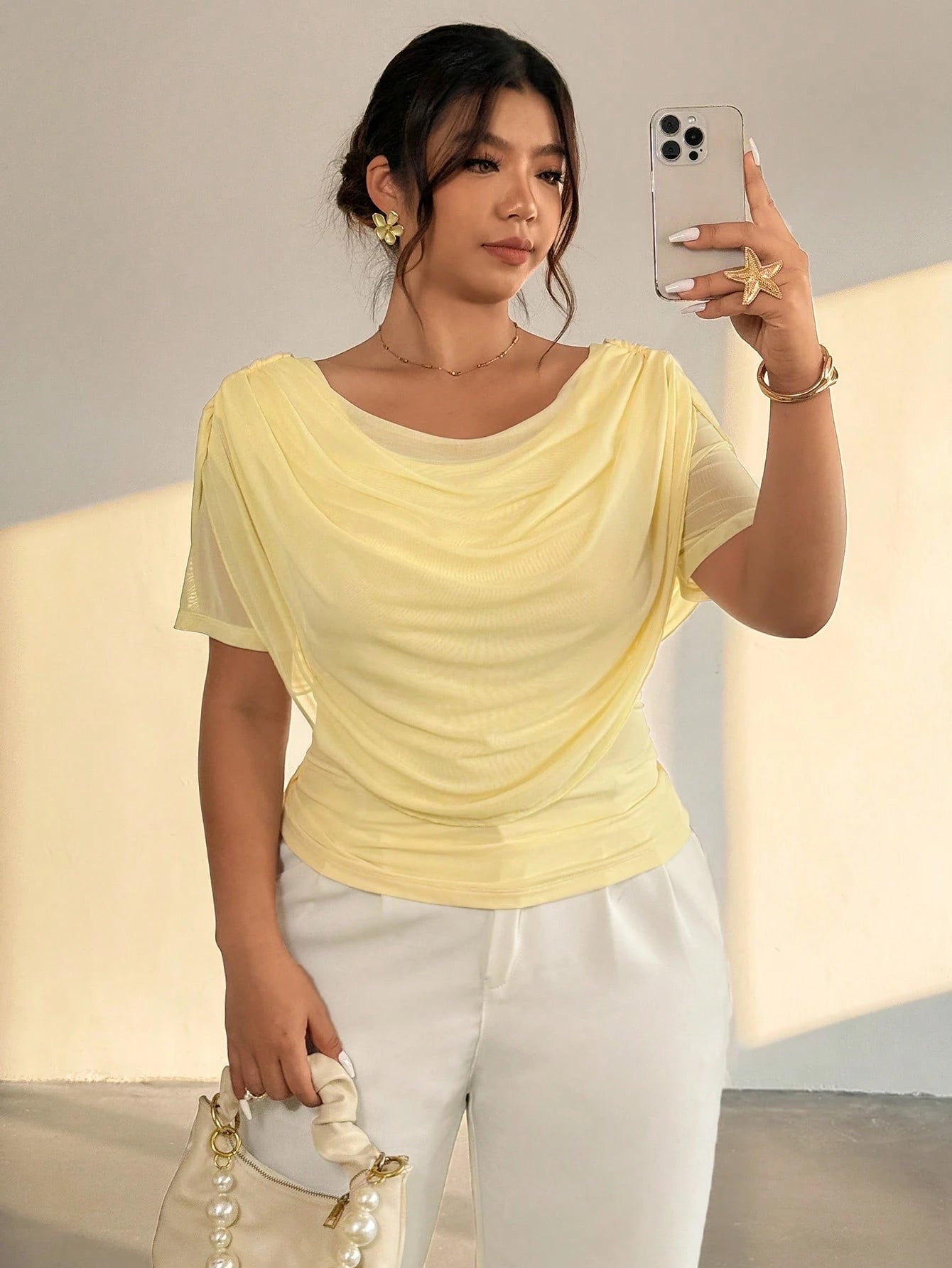 Firerie Plus Size Women Elegant Butter Yellow Summer Plunging Neck Long Sleeve Sheer Mesh Fitted Top, Mesh T-Shirt For Wedding Season, Prom, Dinner
