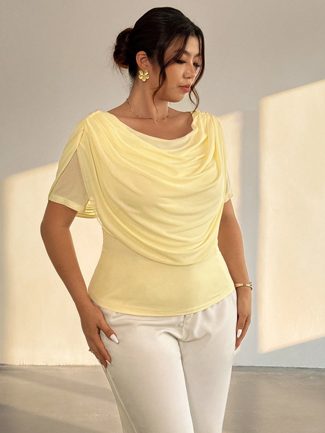 Firerie Plus Size Women Elegant Butter Yellow Summer Plunging Neck Long Sleeve Sheer Mesh Fitted Top, Mesh T-Shirt For Wedding Season, Prom, Dinner