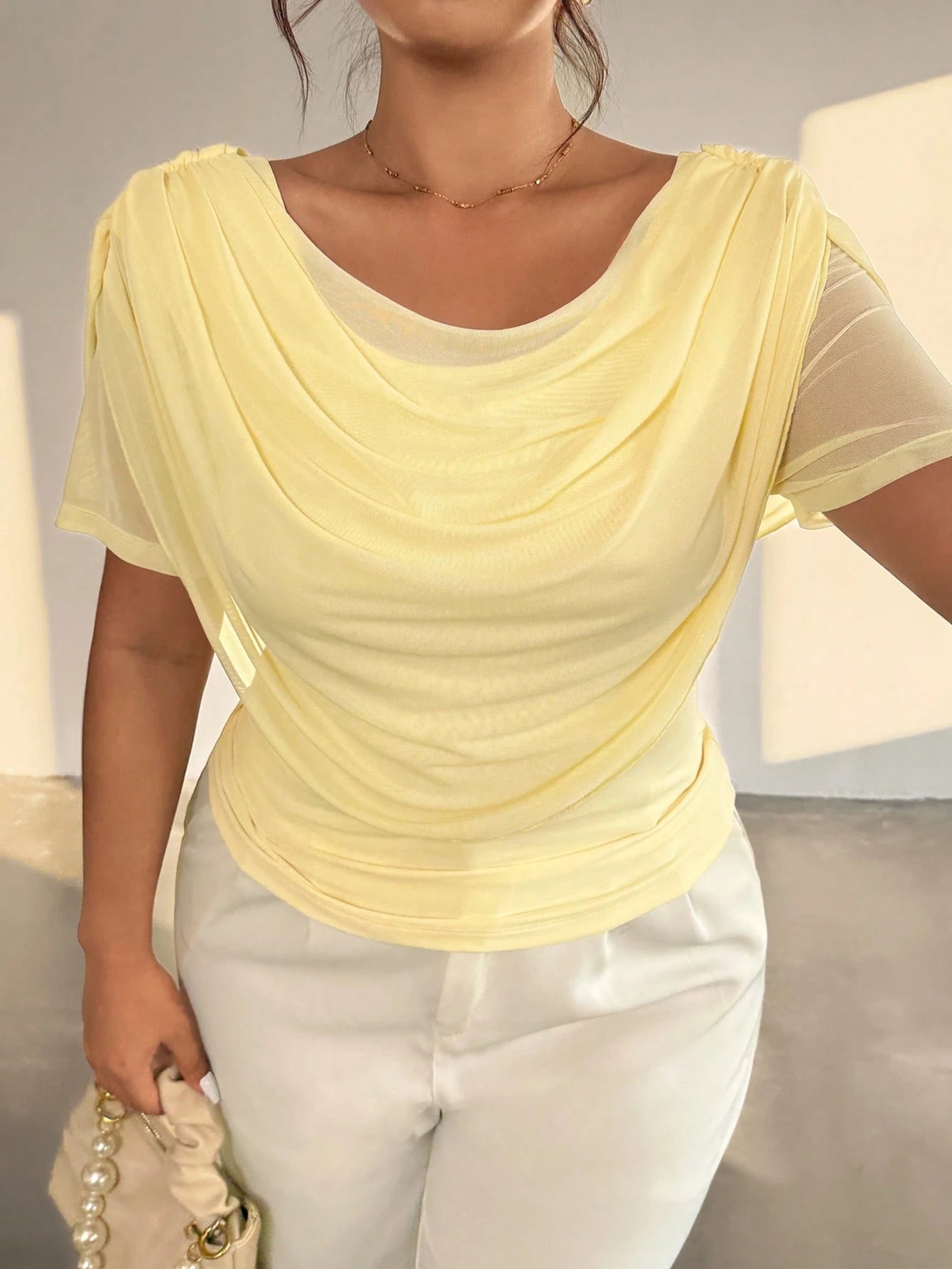 Firerie Plus Size Women Elegant Butter Yellow Summer Plunging Neck Long Sleeve Sheer Mesh Fitted Top, Mesh T-Shirt For Wedding Season, Prom, Dinner