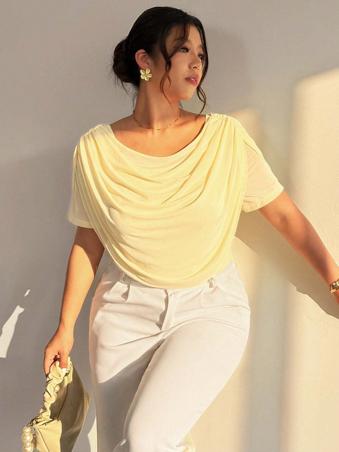Firerie Plus Size Women Elegant Butter Yellow Summer Plunging Neck Long Sleeve Sheer Mesh Fitted Top, Mesh T-Shirt For Wedding Season, Prom, Dinner