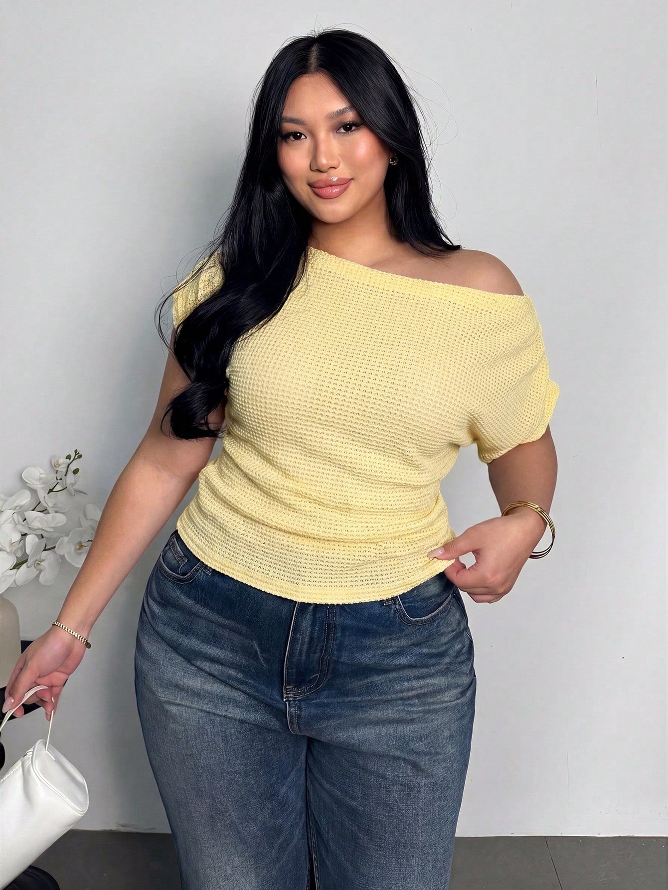 Firerie Plus Size Women's Textured Yellow Asymmetric One-Shoulder Neckline Elastic Ruched Batwing Sleeve T-Shirt Top Spring Summer Autumn Vacation