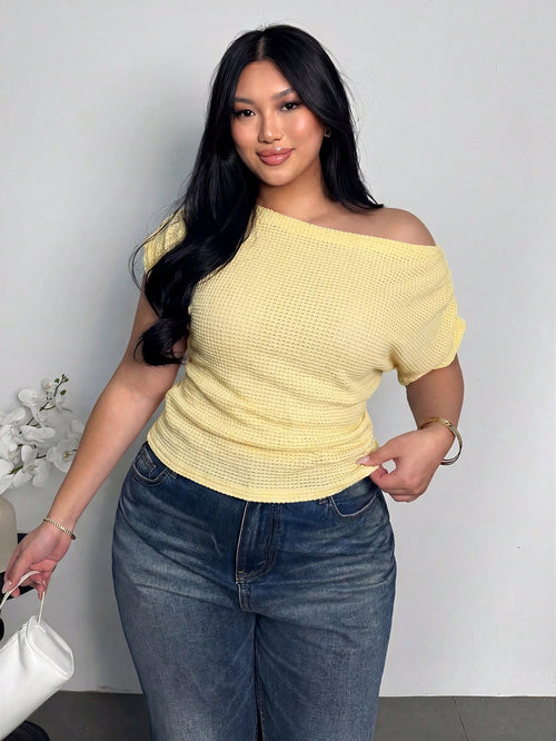 Firerie Plus Size Women's Textured Yellow Asymmetric One-Shoulder Neckline Elastic Ruched Batwing Sleeve T-Shirt Top Spring Summer Autumn Vacation