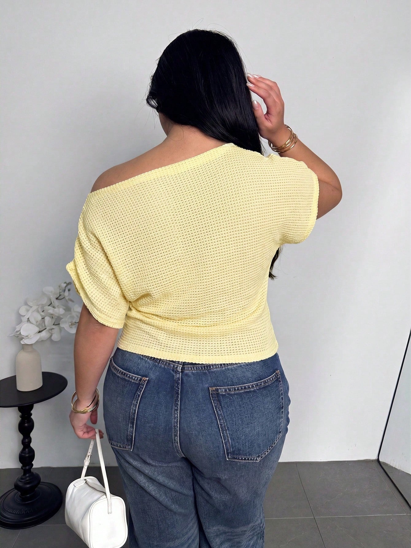Firerie Plus Size Women's Textured Yellow Asymmetric One-Shoulder Neckline Elastic Ruched Batwing Sleeve T-Shirt Top Spring Summer Autumn Vacation