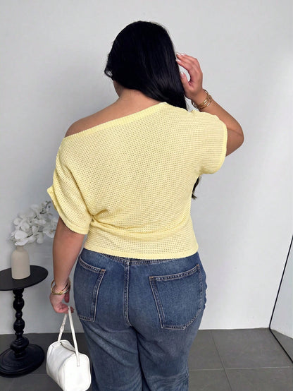 Firerie Plus Size Women's Textured Yellow Asymmetric One-Shoulder Neckline Elastic Ruched Batwing Sleeve T-Shirt Top Spring Summer Autumn Vacation