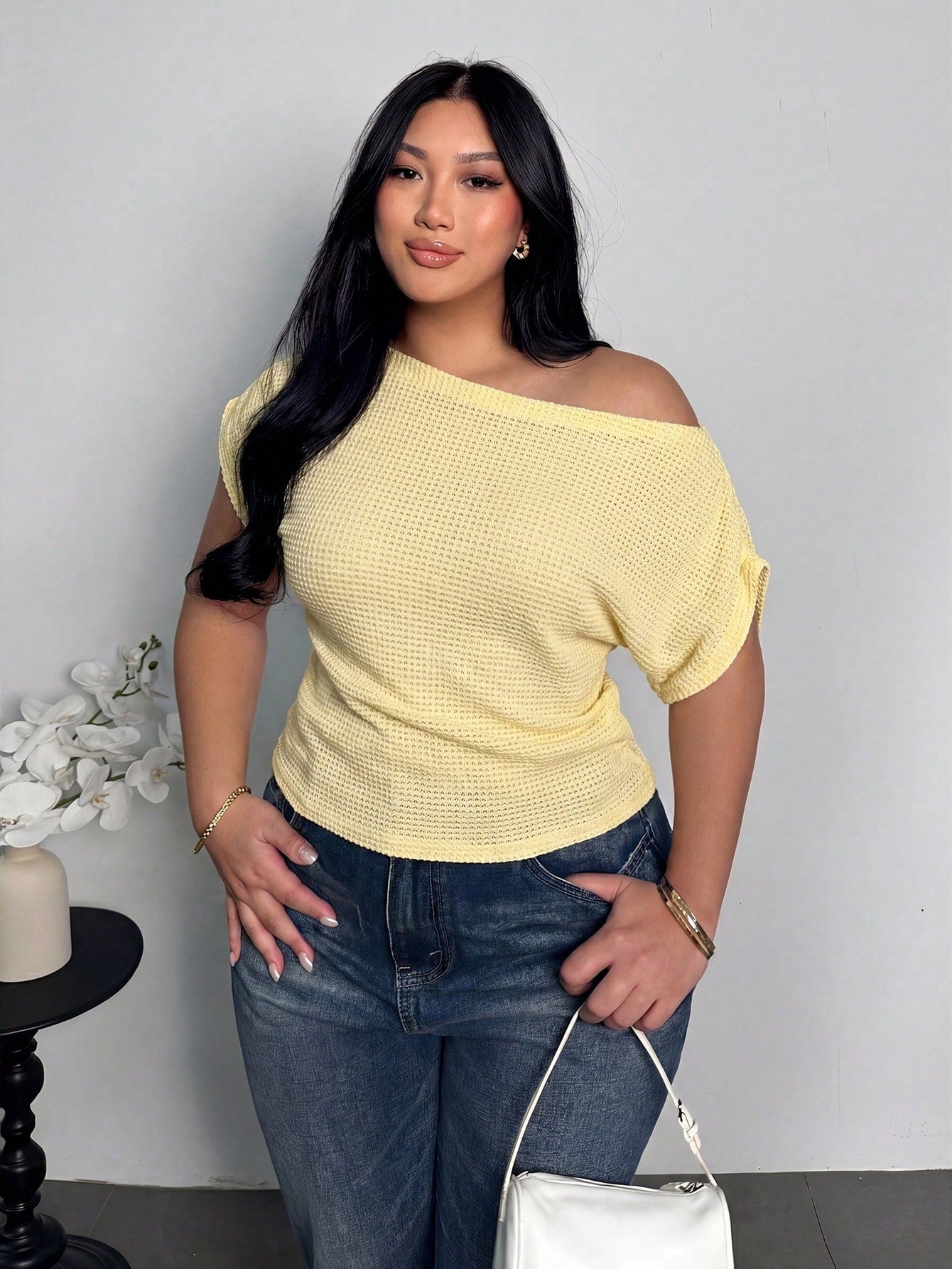 Firerie Plus Size Women's Textured Yellow Asymmetric One-Shoulder Neckline Elastic Ruched Batwing Sleeve T-Shirt Top Spring Summer Autumn Vacation