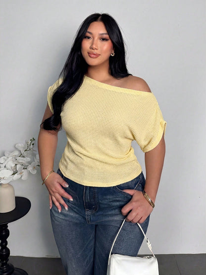 Firerie Plus Size Women's Textured Yellow Asymmetric One-Shoulder Neckline Elastic Ruched Batwing Sleeve T-Shirt Top Spring Summer Autumn Vacation