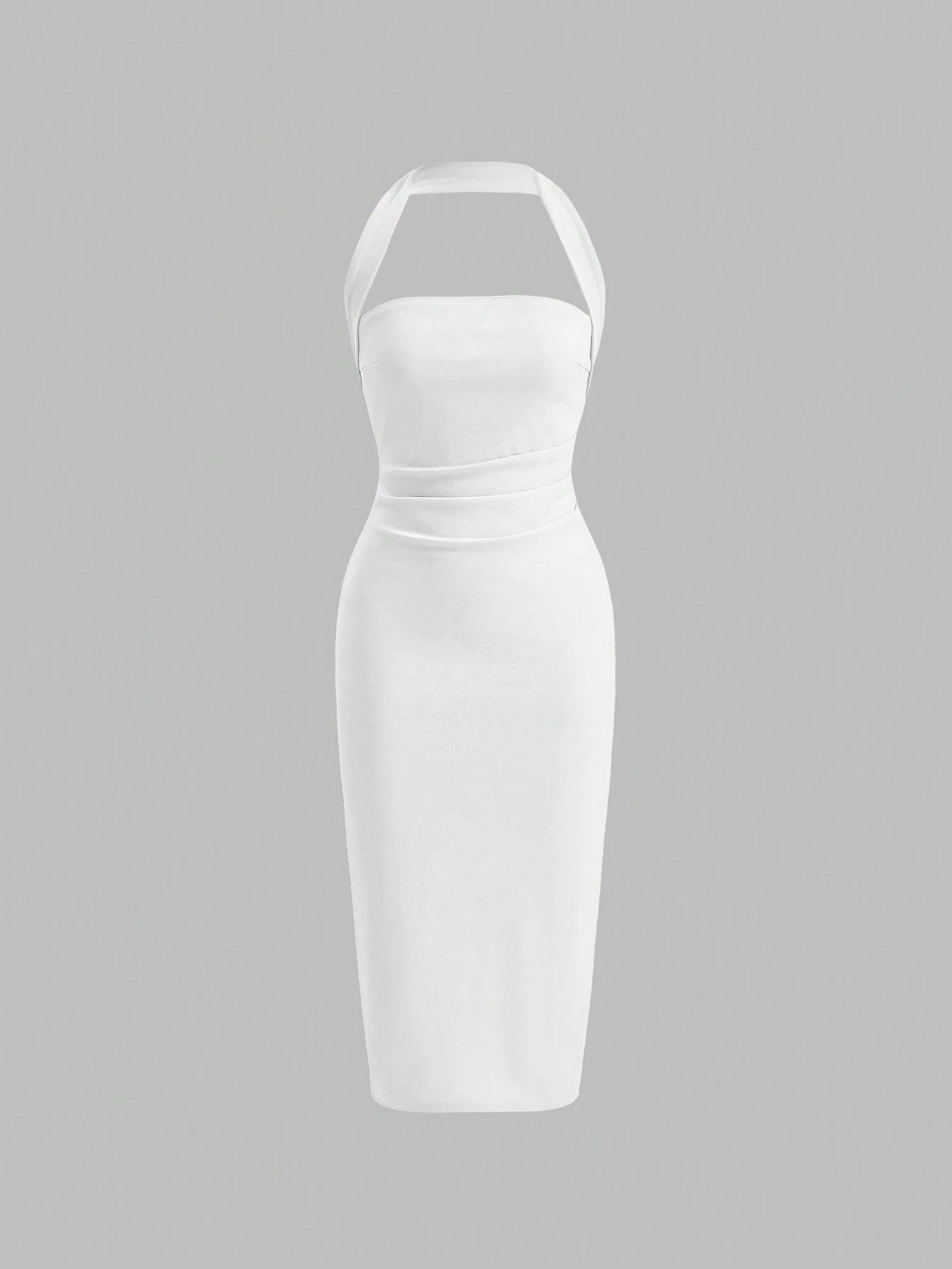 Firerie Solid Ruched Halter Neck Backless Bodycon Dress White