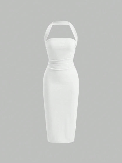 Firerie Solid Ruched Halter Neck Backless Bodycon Dress White