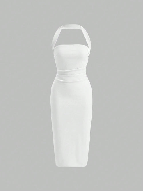 Firerie Solid Ruched Halter Neck Backless Bodycon Dress White