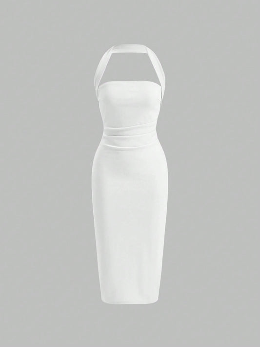 Firerie Solid Ruched Halter Neck Backless Bodycon Dress White
