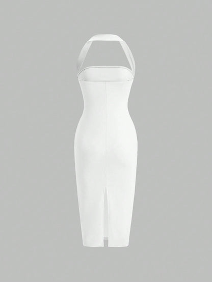Firerie Solid Ruched Halter Neck Backless Bodycon Dress White