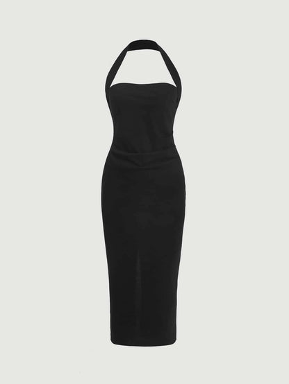 Firerie Solid Ruched Halter Neck Backless Bodycon Dress White