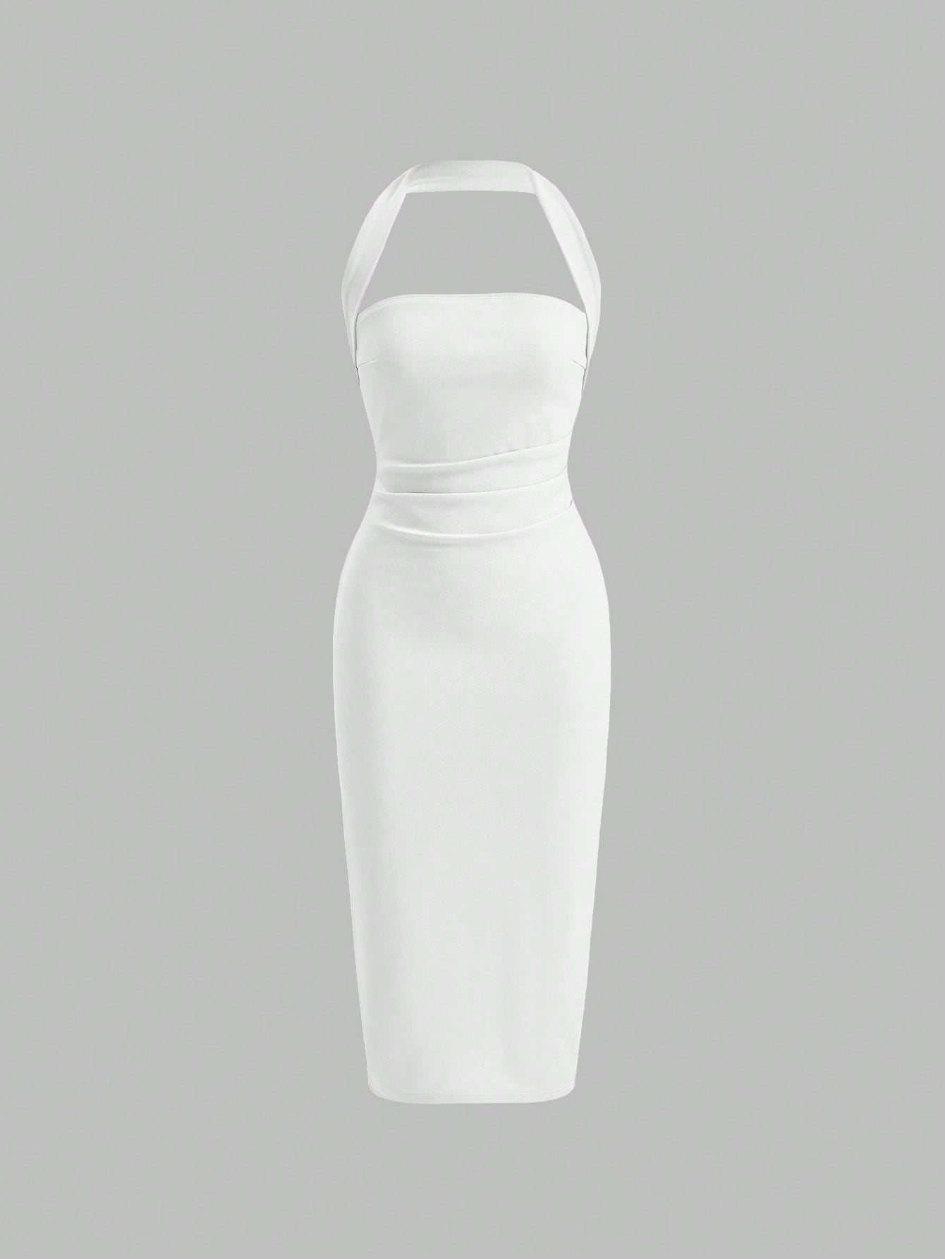 Firerie Solid Ruched Halter Neck Backless Bodycon Dress White