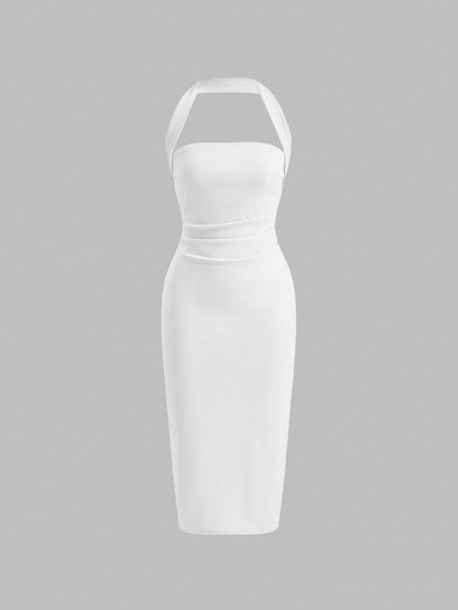 Firerie Solid Ruched Halter Neck Backless Bodycon Dress White