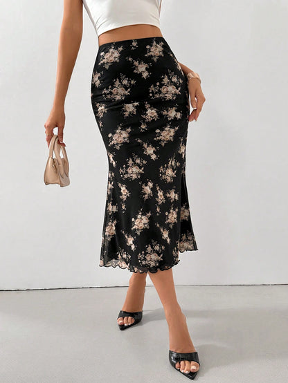 Firerie Women Printed Elastic Waistband Mesh Tulle Romantic Mermaid Skirt
