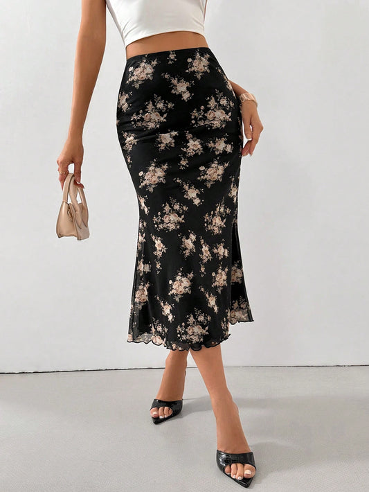 Firerie Women Printed Elastic Waistband Mesh Tulle Romantic Mermaid Skirt