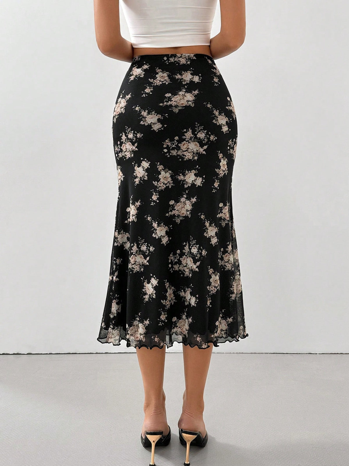 Firerie Women Printed Elastic Waistband Mesh Tulle Romantic Mermaid Skirt