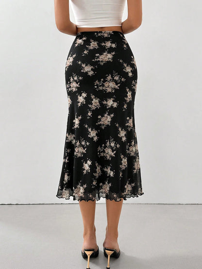 Firerie Women Printed Elastic Waistband Mesh Tulle Romantic Mermaid Skirt