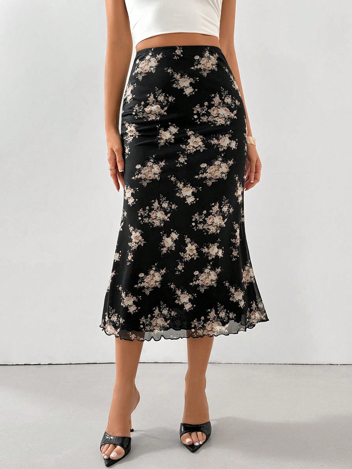 Firerie Women Printed Elastic Waistband Mesh Tulle Romantic Mermaid Skirt