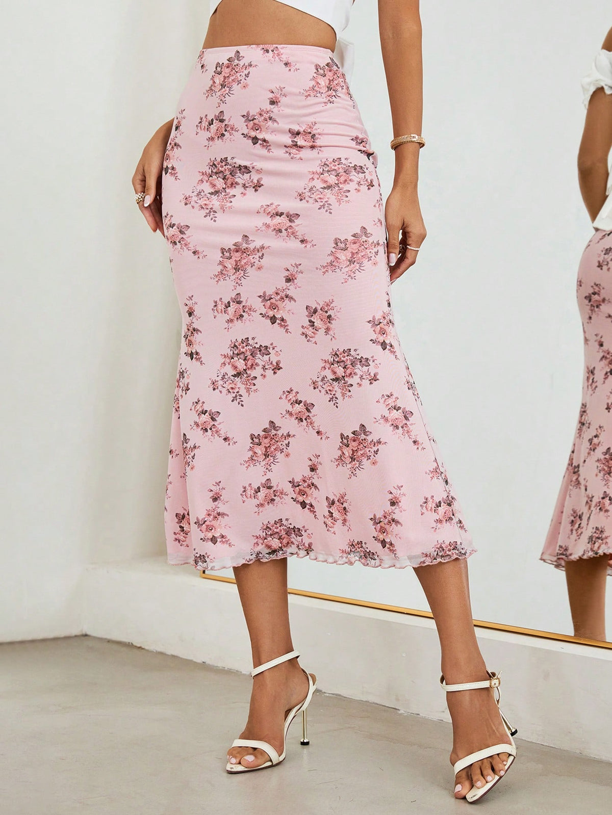 Firerie Women Printed Elastic Waistband Mesh Tulle Romantic Mermaid Skirt