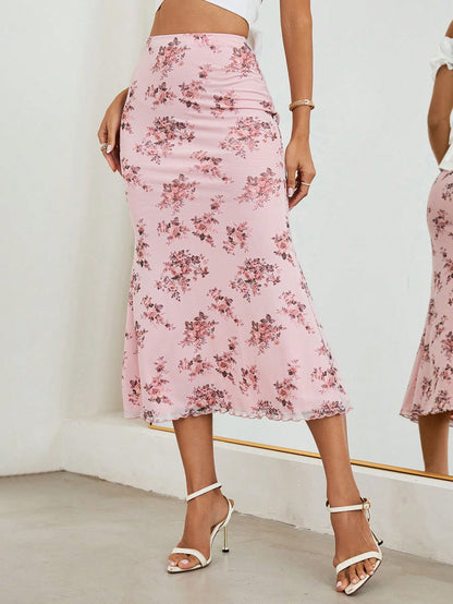 Firerie Women Printed Elastic Waistband Mesh Tulle Romantic Mermaid Skirt