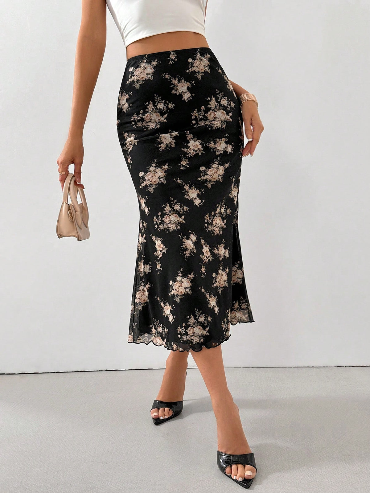 Firerie Women Printed Elastic Waistband Mesh Tulle Romantic Mermaid Skirt