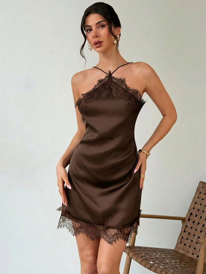 Firerie Women's Black Summer Elegant Night Out Satin Lace Trim Spaghetti Strap Bodycon Mini Dress, Date,Music Festival,Party,Wedding Guest,Birthday