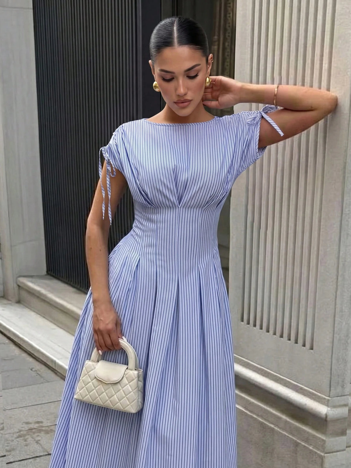 Firerie Women's Blue And White Stripe Short Sleeve Shirt Dress, Waist-Cinched Pleated X-Shaped Slimming, Casual Coastal Tropical Commuter, Vacation, Tea Party