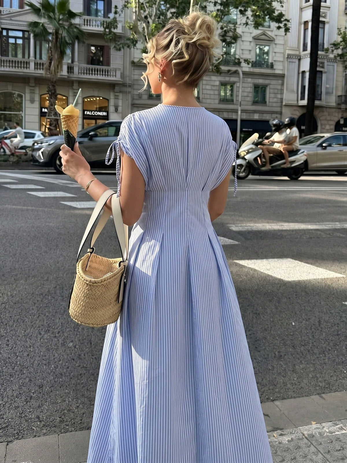 Firerie Women's Blue And White Stripe Short Sleeve Shirt Dress, Waist-Cinched Pleated X-Shaped Slimming, Casual Coastal Tropical Commuter, Vacation, Tea Party