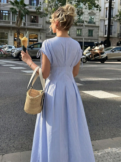 Firerie Women's Blue And White Stripe Short Sleeve Shirt Dress, Waist-Cinched Pleated X-Shaped Slimming, Casual Coastal Tropical Commuter, Vacation, Tea Party