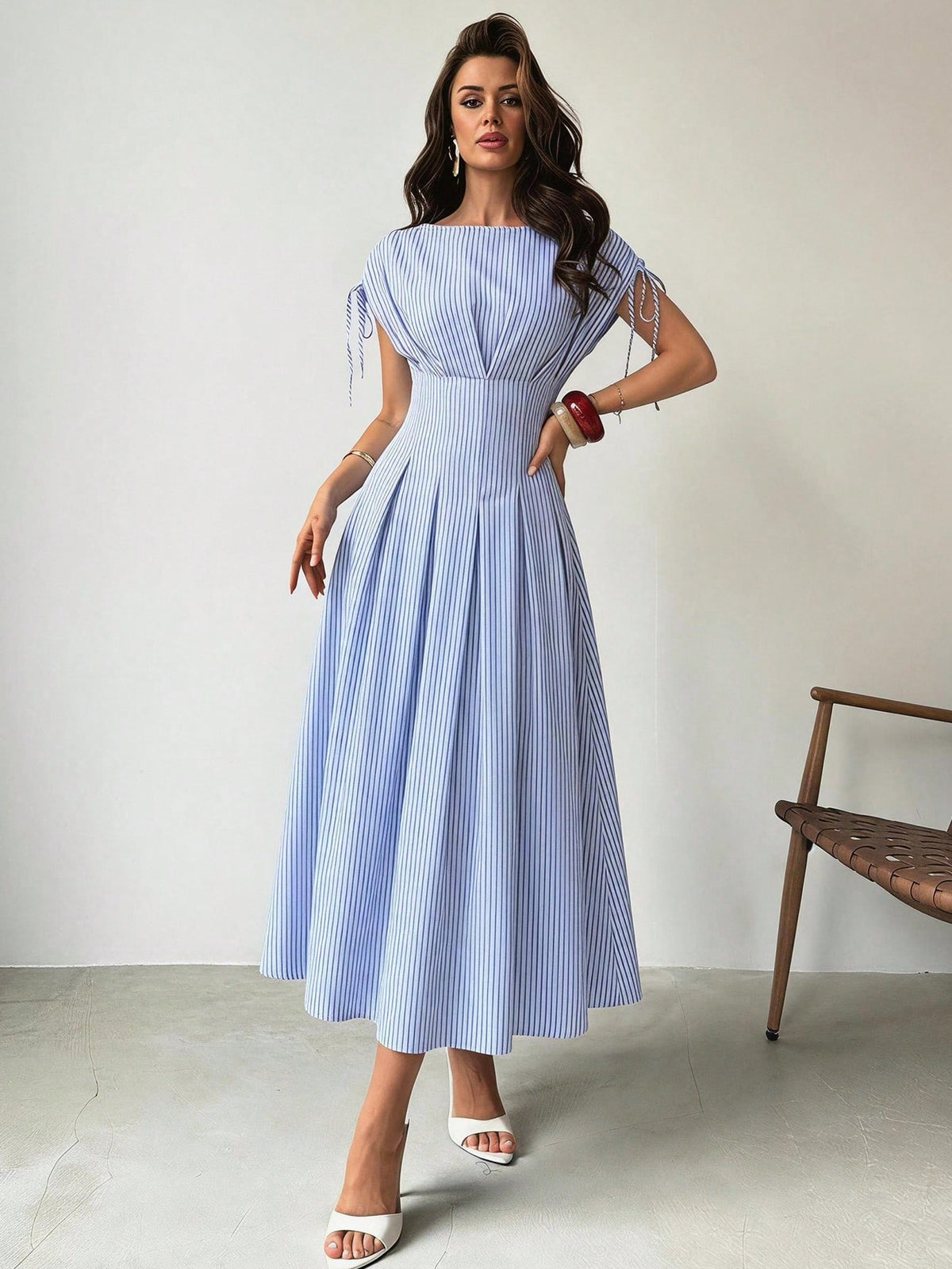 Firerie Women's Blue And White Stripe Short Sleeve Shirt Dress, Waist-Cinched Pleated X-Shaped Slimming, Casual Coastal Tropical Commuter, Vacation, Tea Party