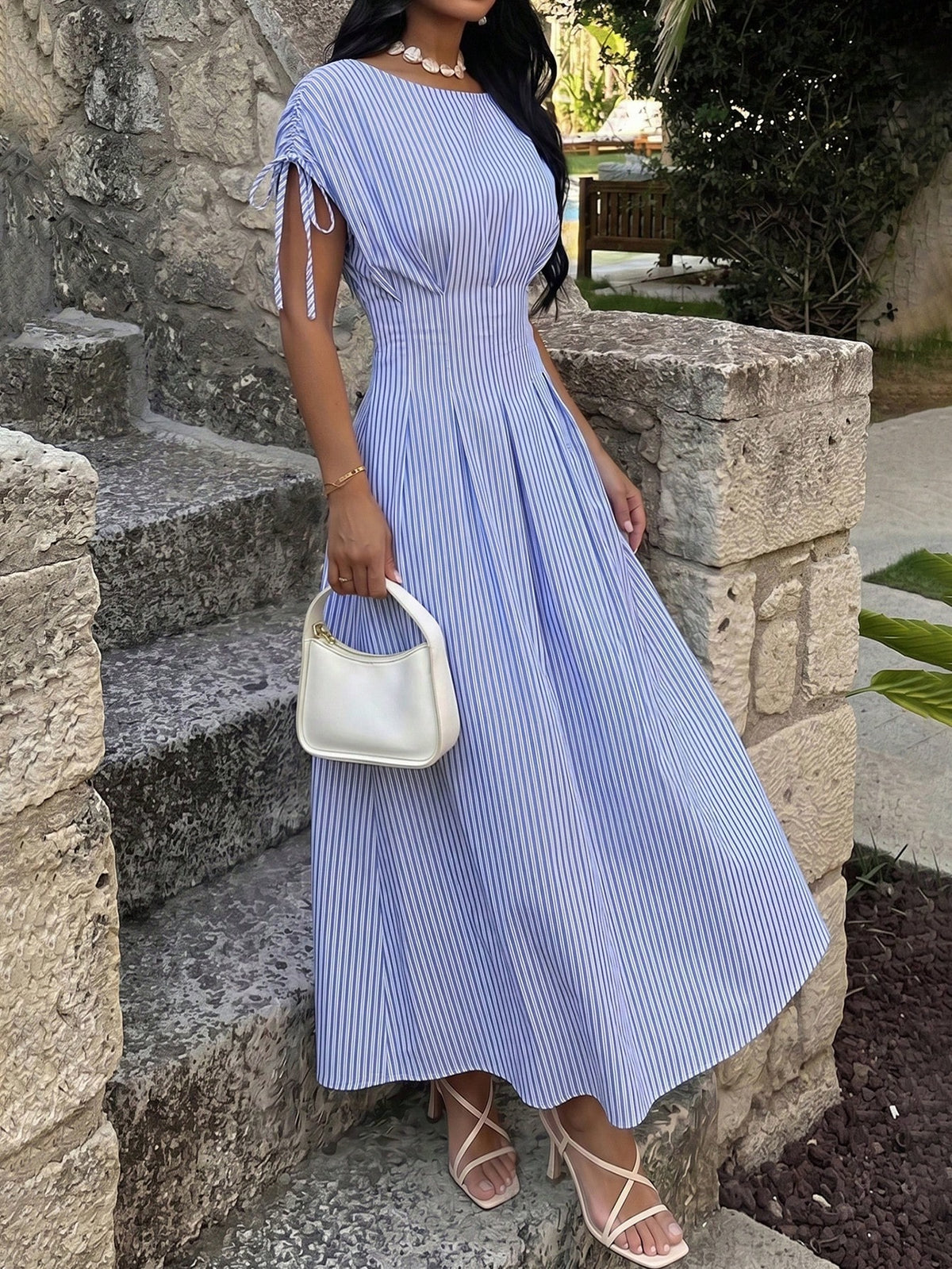Firerie Women's Blue And White Stripe Short Sleeve Shirt Dress, Waist-Cinched Pleated X-Shaped Slimming, Casual Coastal Tropical Commuter, Vacation, Tea Party