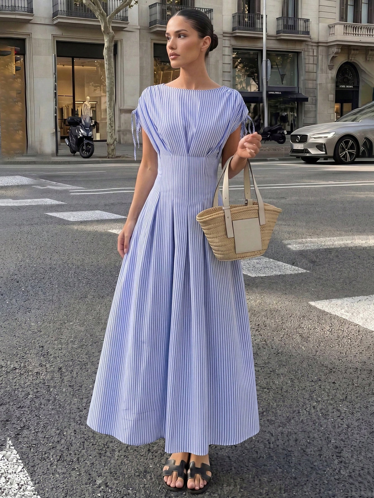 Firerie Women's Blue And White Stripe Short Sleeve Shirt Dress, Waist-Cinched Pleated X-Shaped Slimming, Casual Coastal Tropical Commuter, Vacation, Tea Party