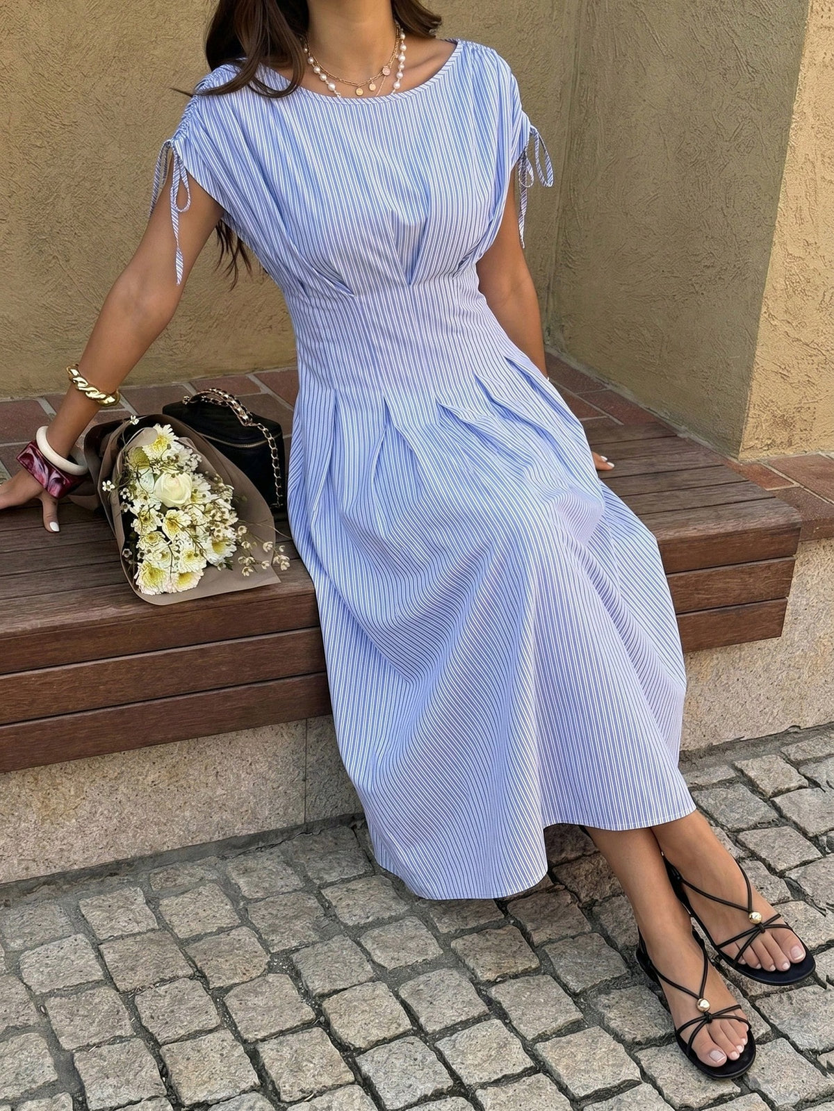 Firerie Women's Blue And White Stripe Short Sleeve Shirt Dress, Waist-Cinched Pleated X-Shaped Slimming, Casual Coastal Tropical Commuter, Vacation, Tea Party