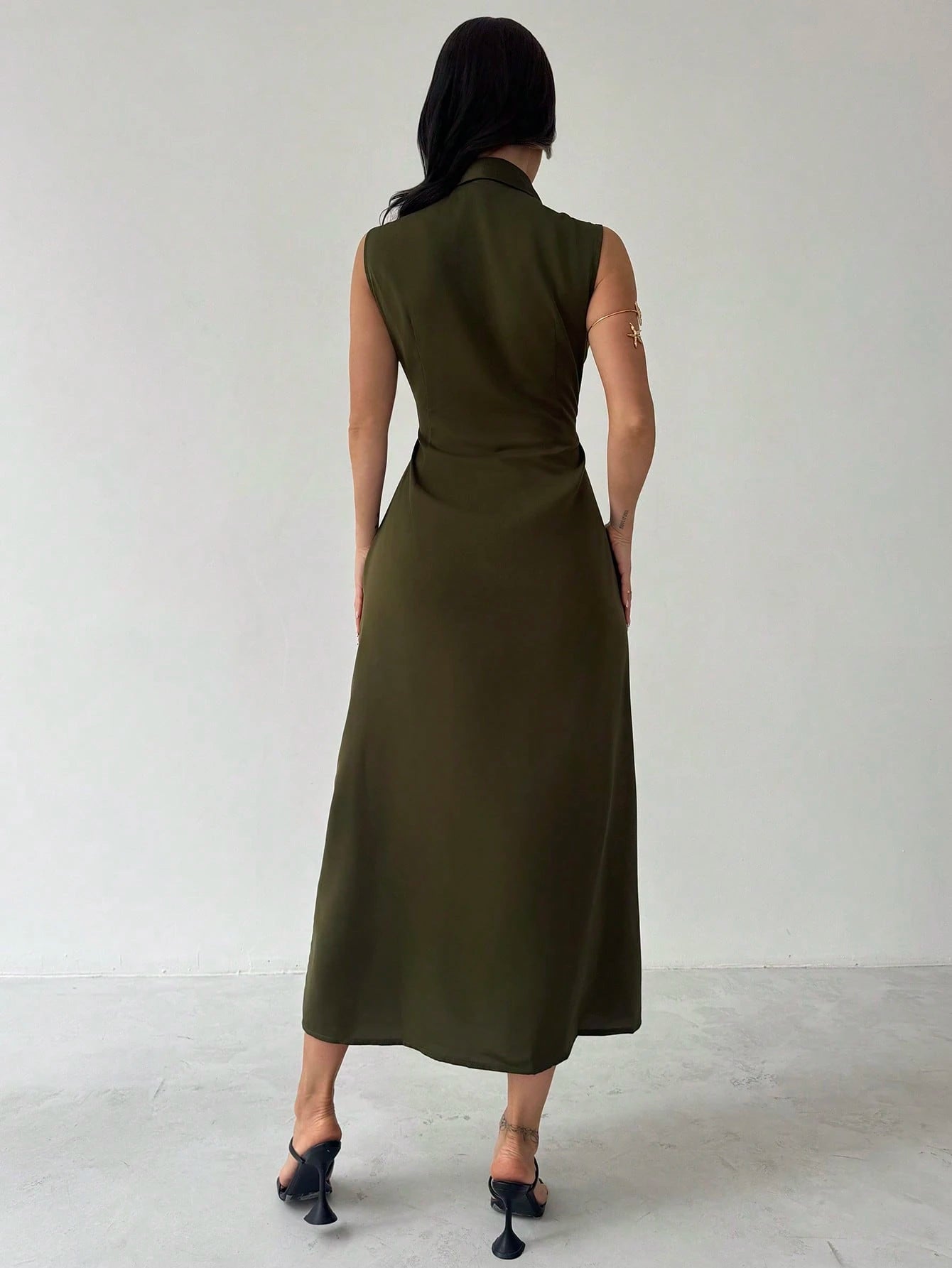Firerie Women's Elegant Olive Green Summer Sleeveless Shawl Neck Midi Dress,Decorative Buttons Fitted Long Dress For Work,Brunch,Business Casual & Graduation