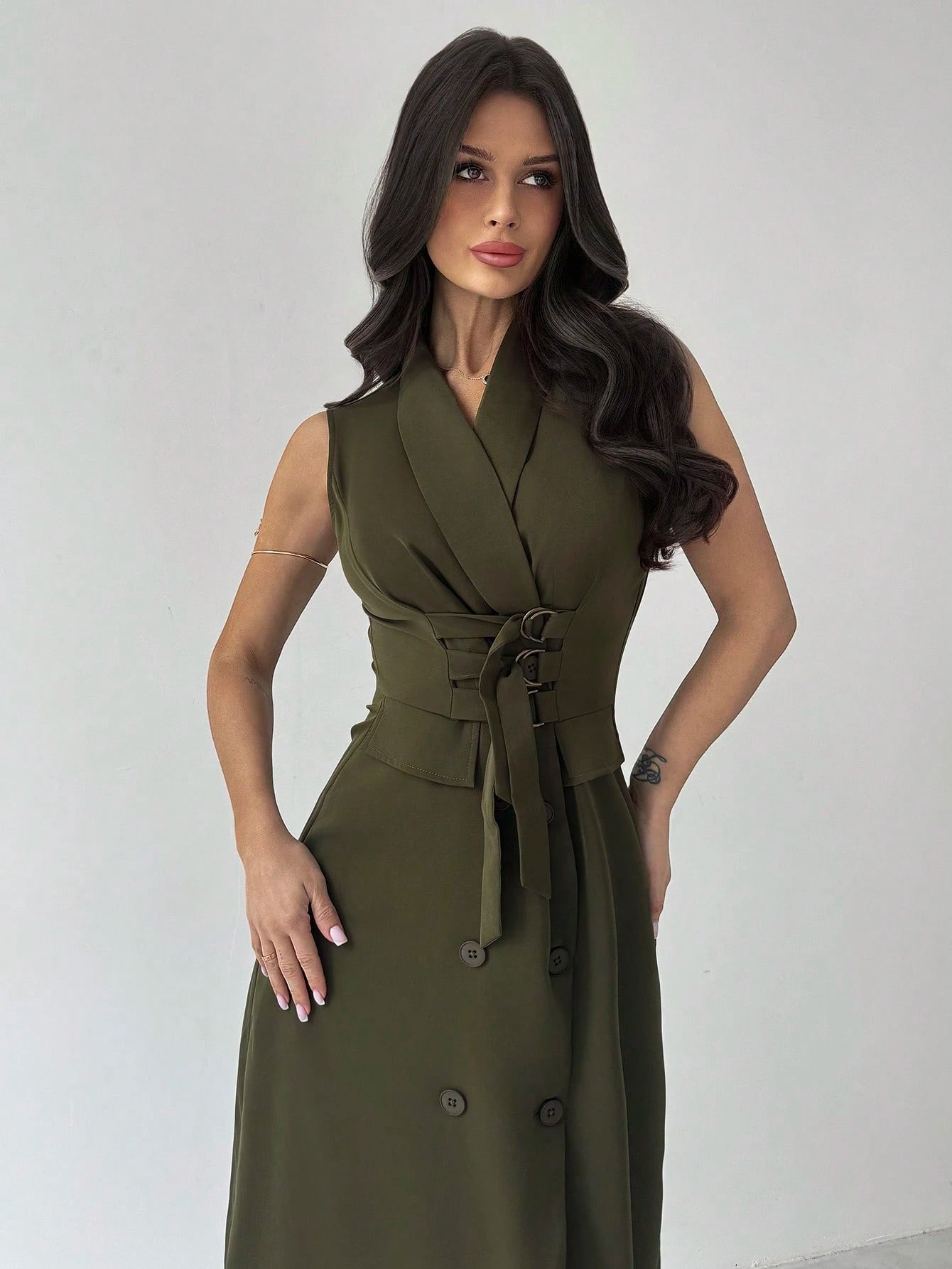 Firerie Women's Elegant Olive Green Summer Sleeveless Shawl Neck Midi Dress,Decorative Buttons Fitted Long Dress For Work,Brunch,Business Casual & Graduation