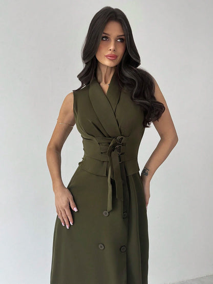 Firerie Women's Elegant Olive Green Summer Sleeveless Shawl Neck Midi Dress,Decorative Buttons Fitted Long Dress For Work,Brunch,Business Casual & Graduation