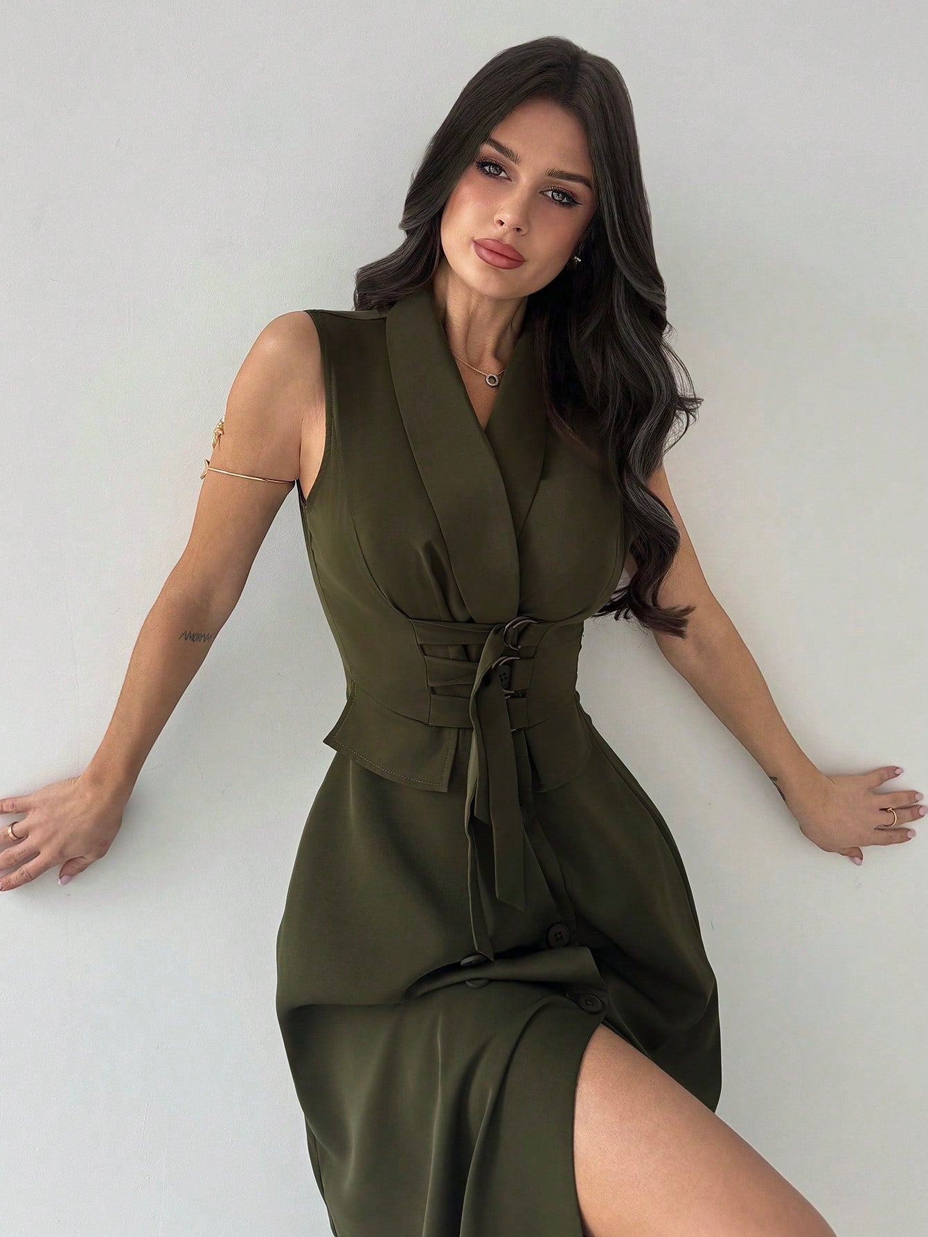 Firerie Women's Elegant Olive Green Summer Sleeveless Shawl Neck Midi Dress,Decorative Buttons Fitted Long Dress For Work,Brunch,Business Casual & Graduation
