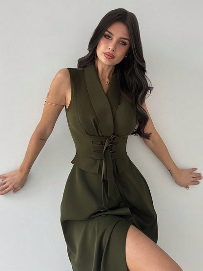 Firerie Women's Elegant Olive Green Summer Sleeveless Shawl Neck Midi Dress,Decorative Buttons Fitted Long Dress For Work,Brunch,Business Casual & Graduation