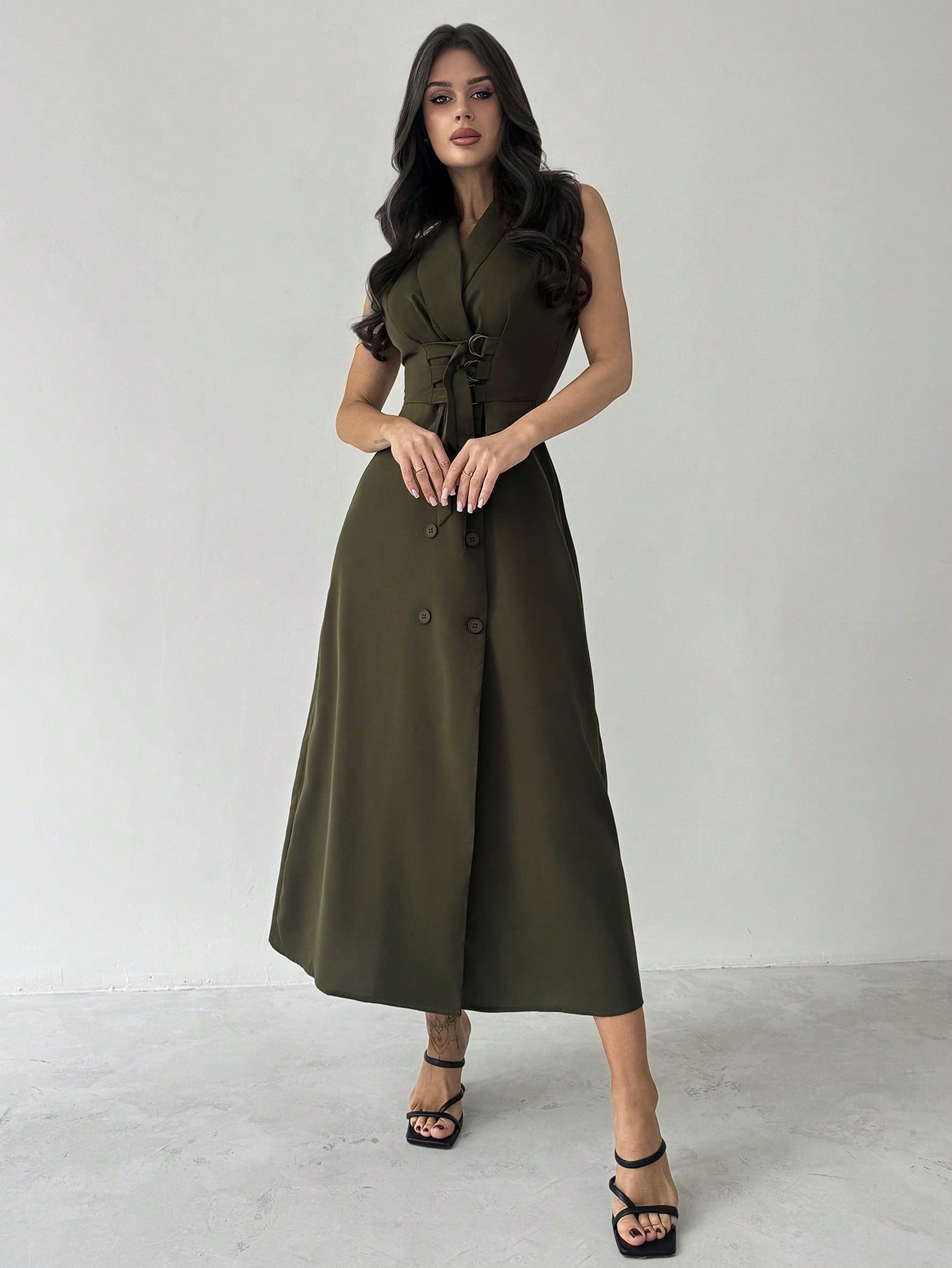 Firerie Women's Elegant Olive Green Summer Sleeveless Shawl Neck Midi Dress,Decorative Buttons Fitted Long Dress For Work,Brunch,Business Casual & Graduation