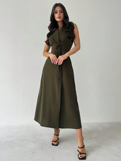 Firerie Women's Elegant Olive Green Summer Sleeveless Shawl Neck Midi Dress,Decorative Buttons Fitted Long Dress For Work,Brunch,Business Casual & Graduation