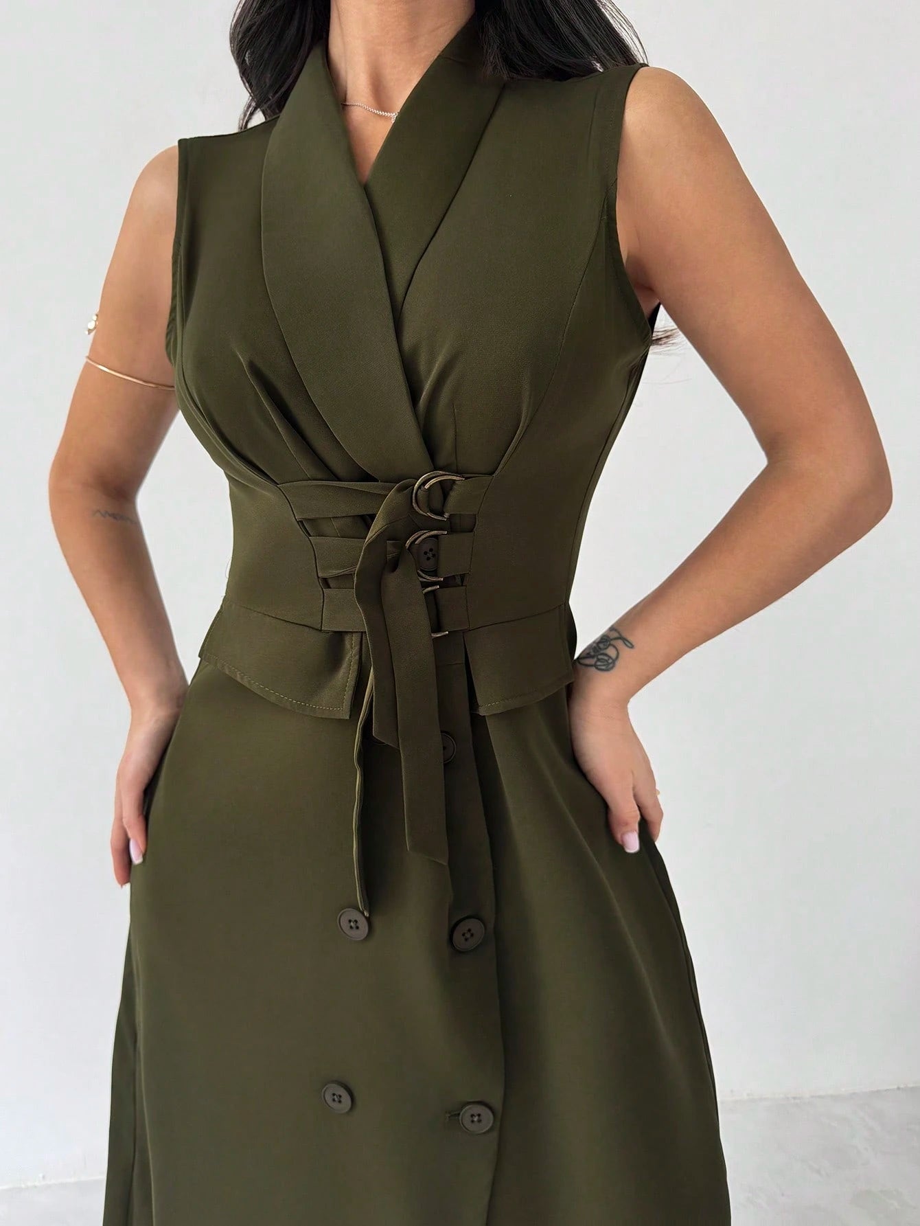 Firerie Women's Elegant Olive Green Summer Sleeveless Shawl Neck Midi Dress,Decorative Buttons Fitted Long Dress For Work,Brunch,Business Casual & Graduation
