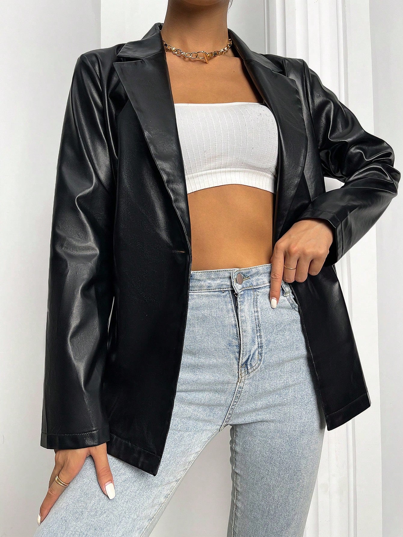 Flirla Lapel Collar Single Button PU Leather Blazer Fall Cloth For Women