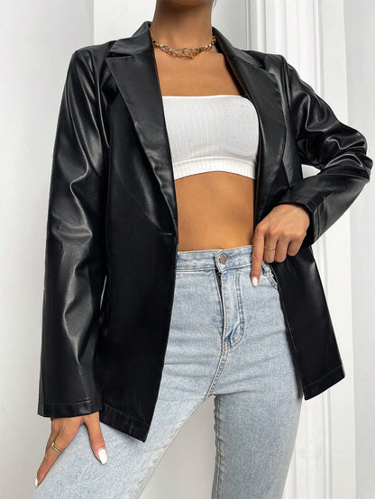 Flirla Lapel Collar Single Button PU Leather Blazer Fall Cloth For Women