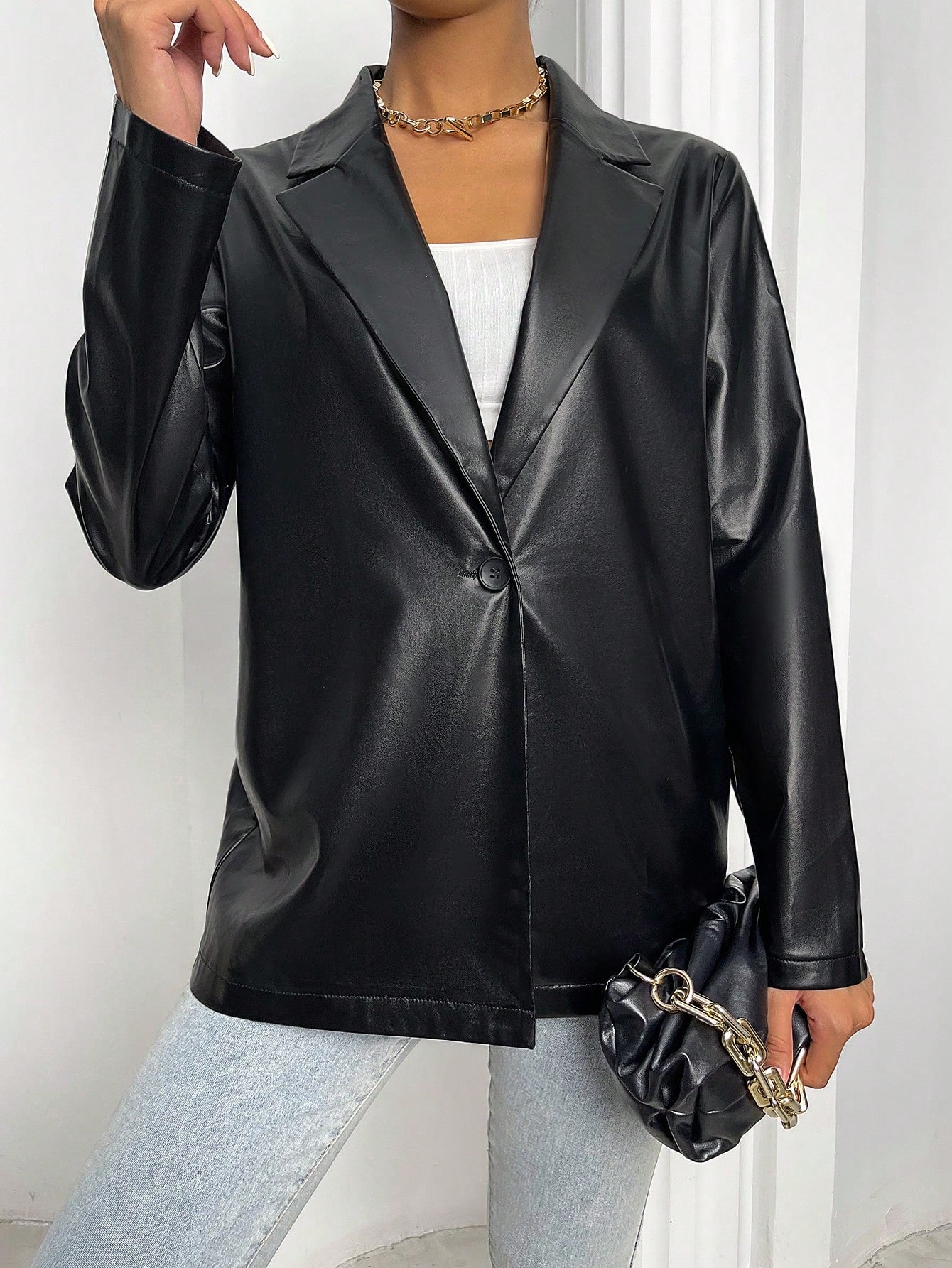 Flirla Lapel Collar Single Button PU Leather Blazer Fall Cloth For Women