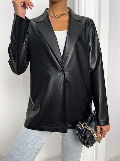 Flirla Lapel Collar Single Button PU Leather Blazer Fall Cloth For Women