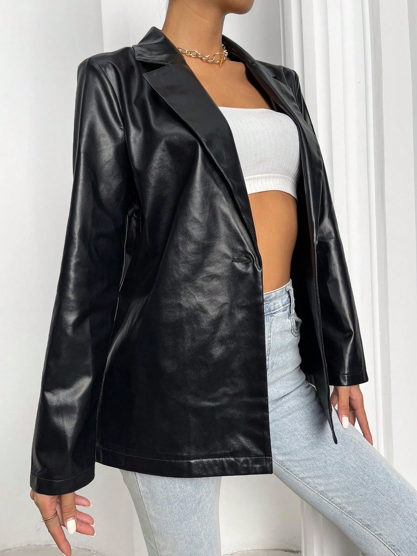 Flirla Lapel Collar Single Button PU Leather Blazer Fall Cloth For Women