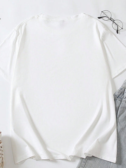 Flirla Large-Sized Women's Casual Round-Neck Short-Sleeved T-Shirt With Letter And Portrait Prints