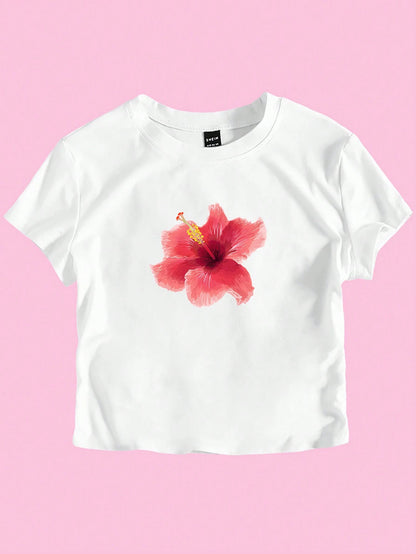 Flirla Women Plus Size T-Shirt Summer Short Sleeve Top With Hibiscus Flower Print Graphic Tees Women Tops