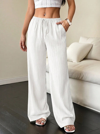Flirla Women's Solid Color Twist Pocket Casual Loose Pants